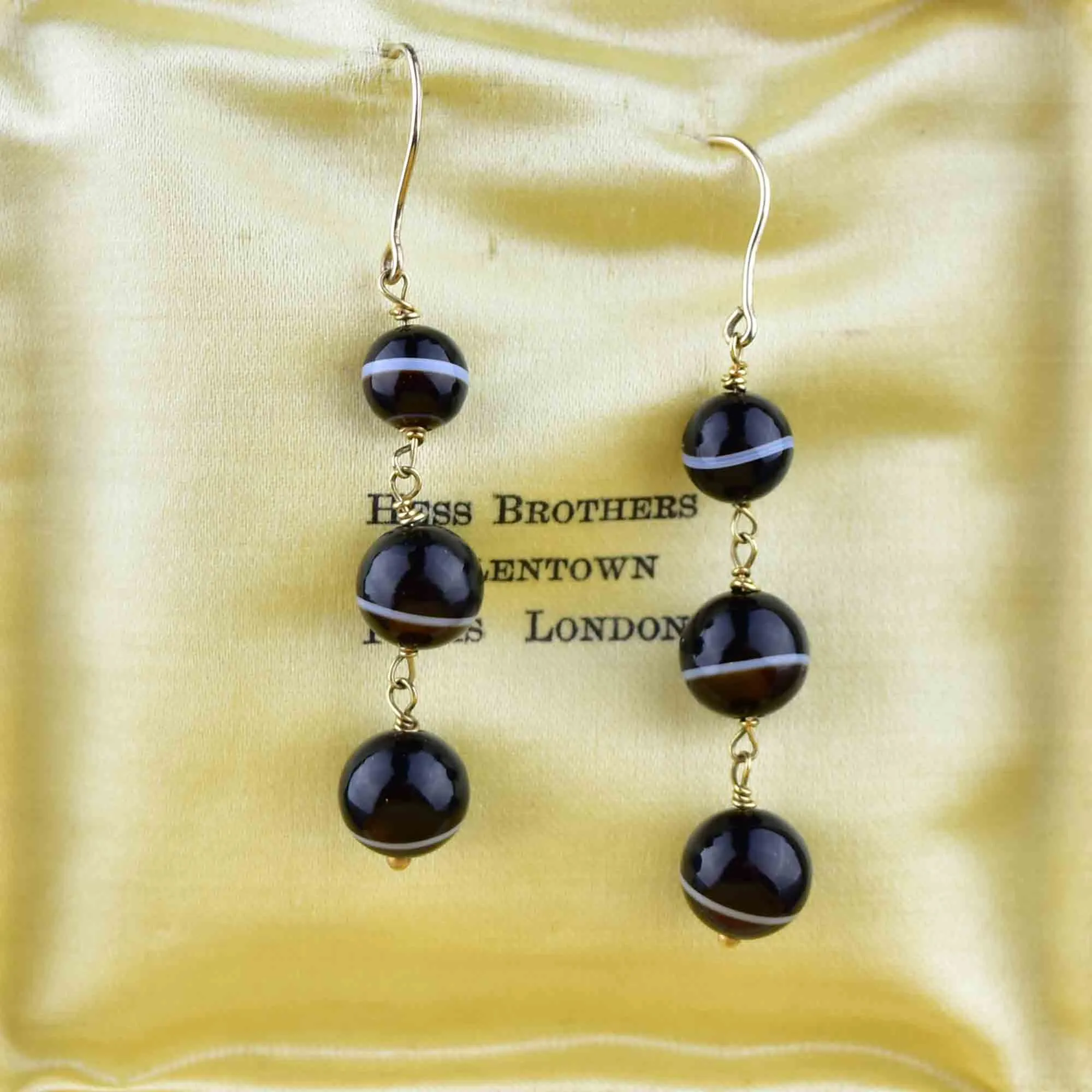 Vintage 14K Gold Banded Agate Ball Drop Earrings