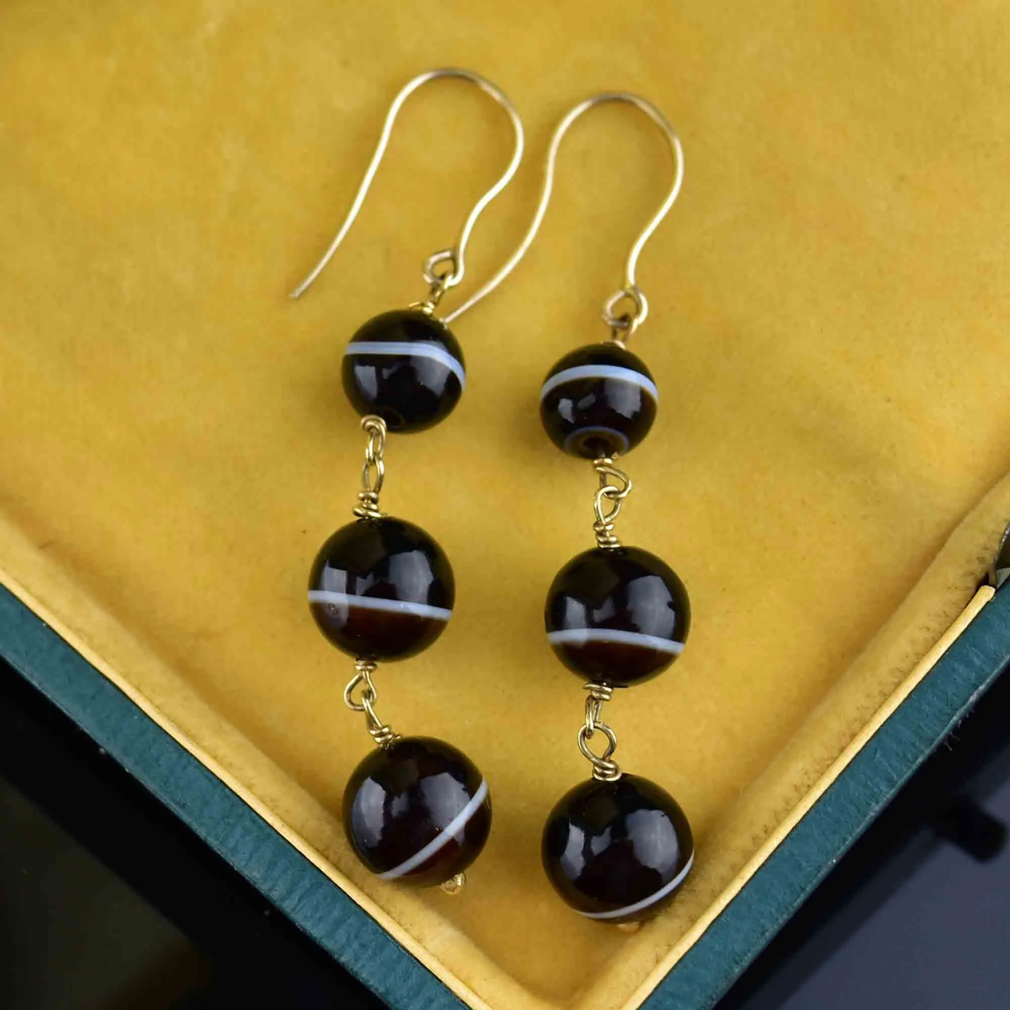 Vintage 14K Gold Banded Agate Ball Drop Earrings