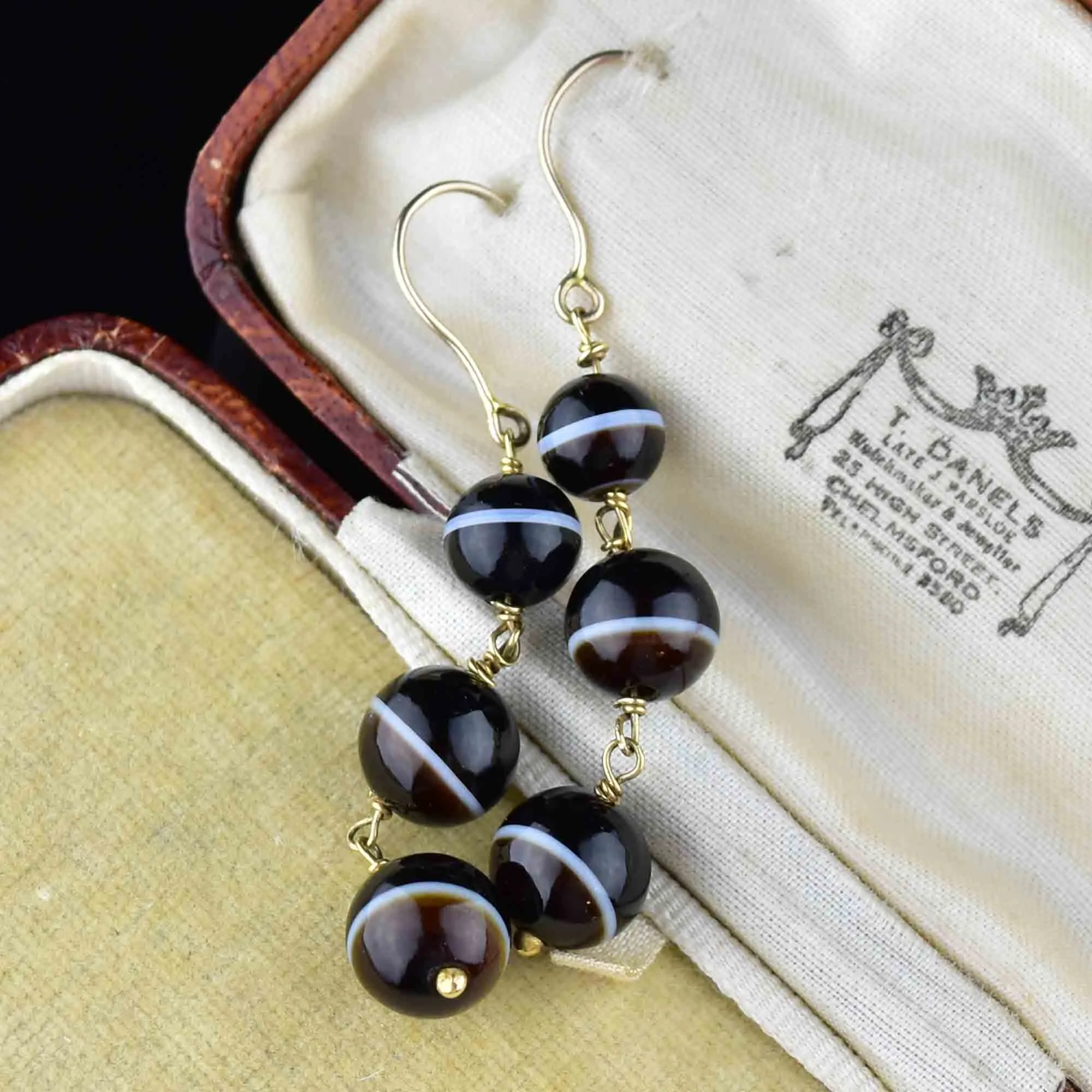 Vintage 14K Gold Banded Agate Ball Drop Earrings