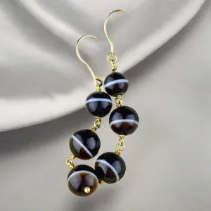 Vintage 14K Gold Banded Agate Ball Drop Earrings