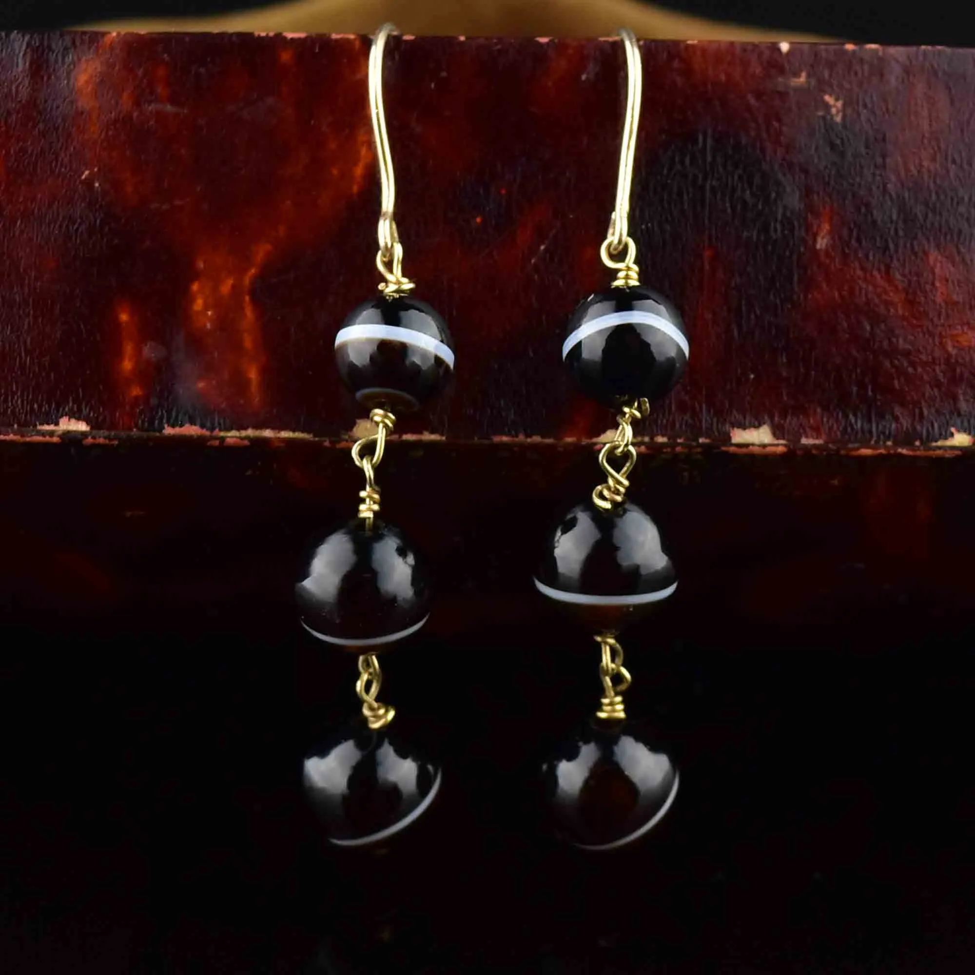 Vintage 14K Gold Banded Agate Ball Drop Earrings