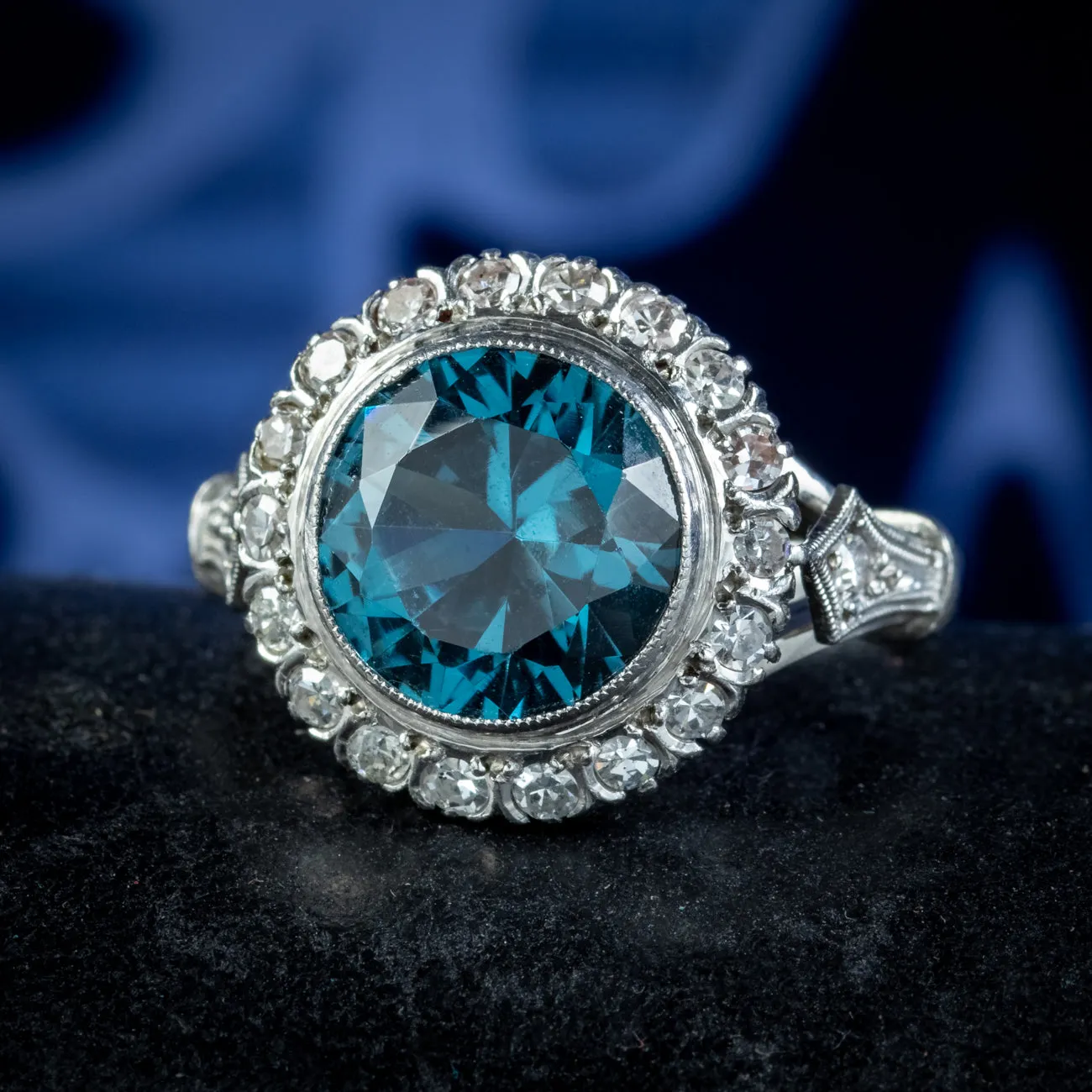 Vintage Blue Zircon Diamond Ring 4.5ct Zircon