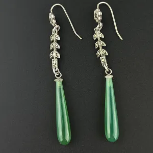 Vintage Marcasite Green Chalcedony Silver Drop Earrings