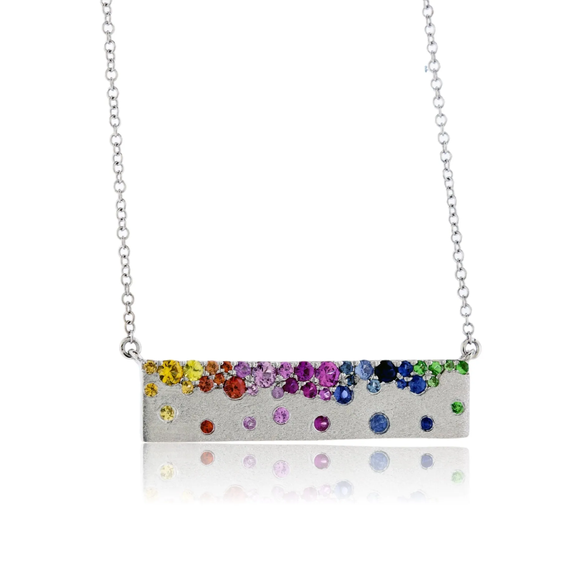 Yellow Gold Satin Finish Flush Set Rainbow Sapphire Necklace