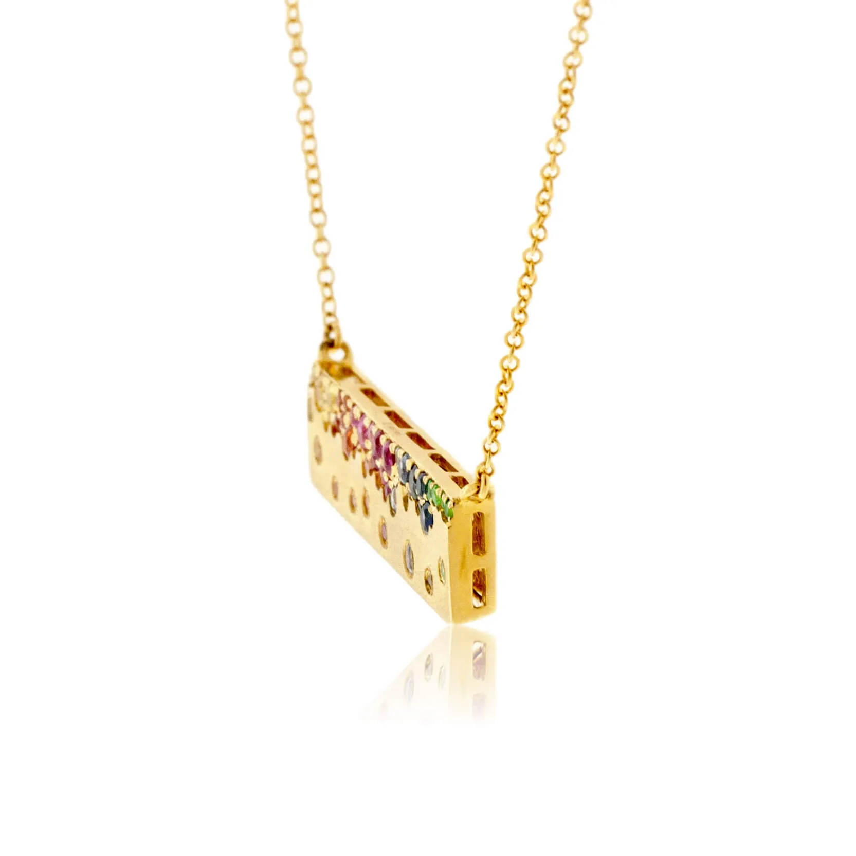 Yellow Gold Satin Finish Flush Set Rainbow Sapphire Necklace