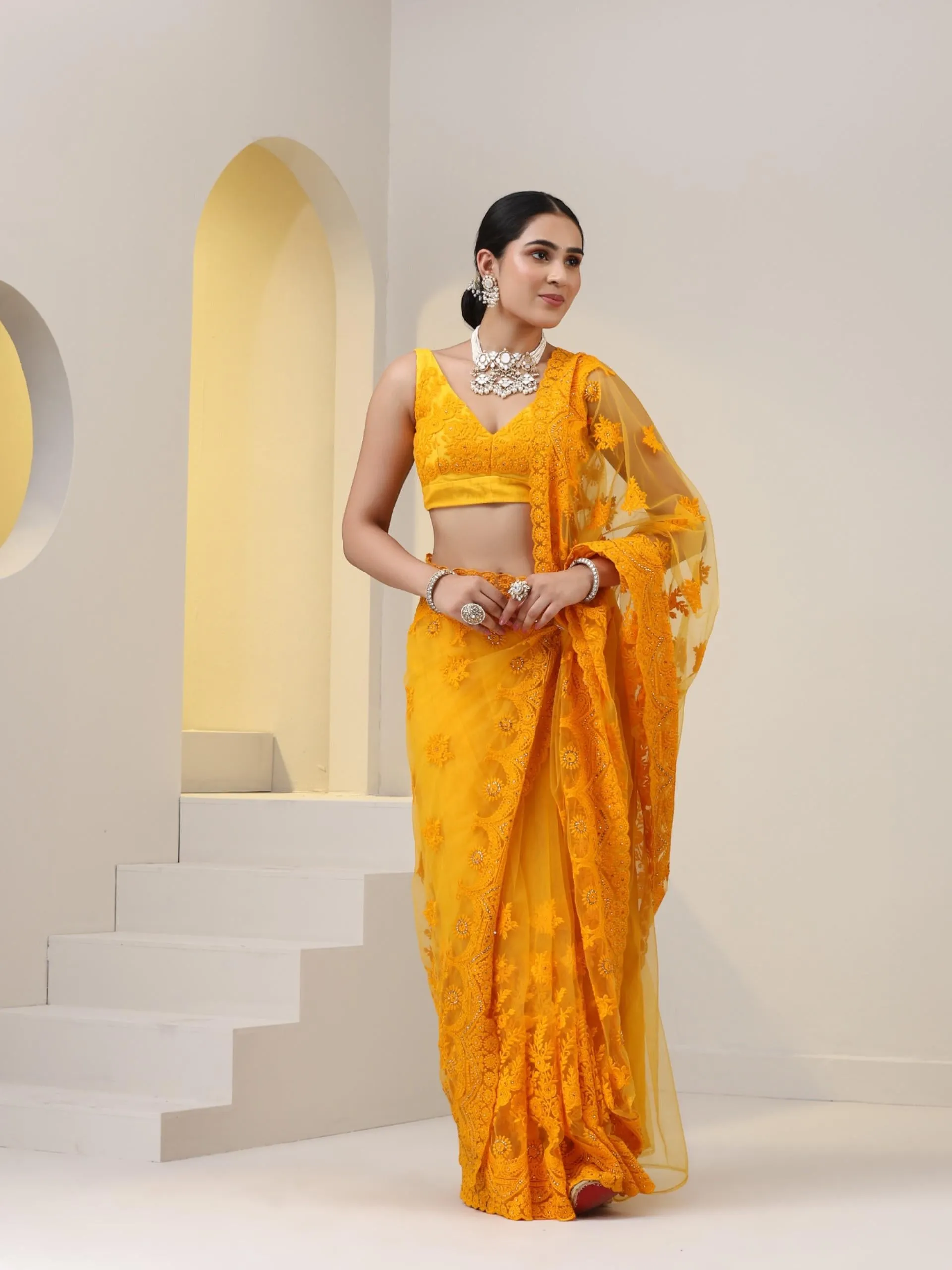 Yellow Net Saree with All over Thick Scallop Embroidery and Shiny Dots with Blouse Fabric