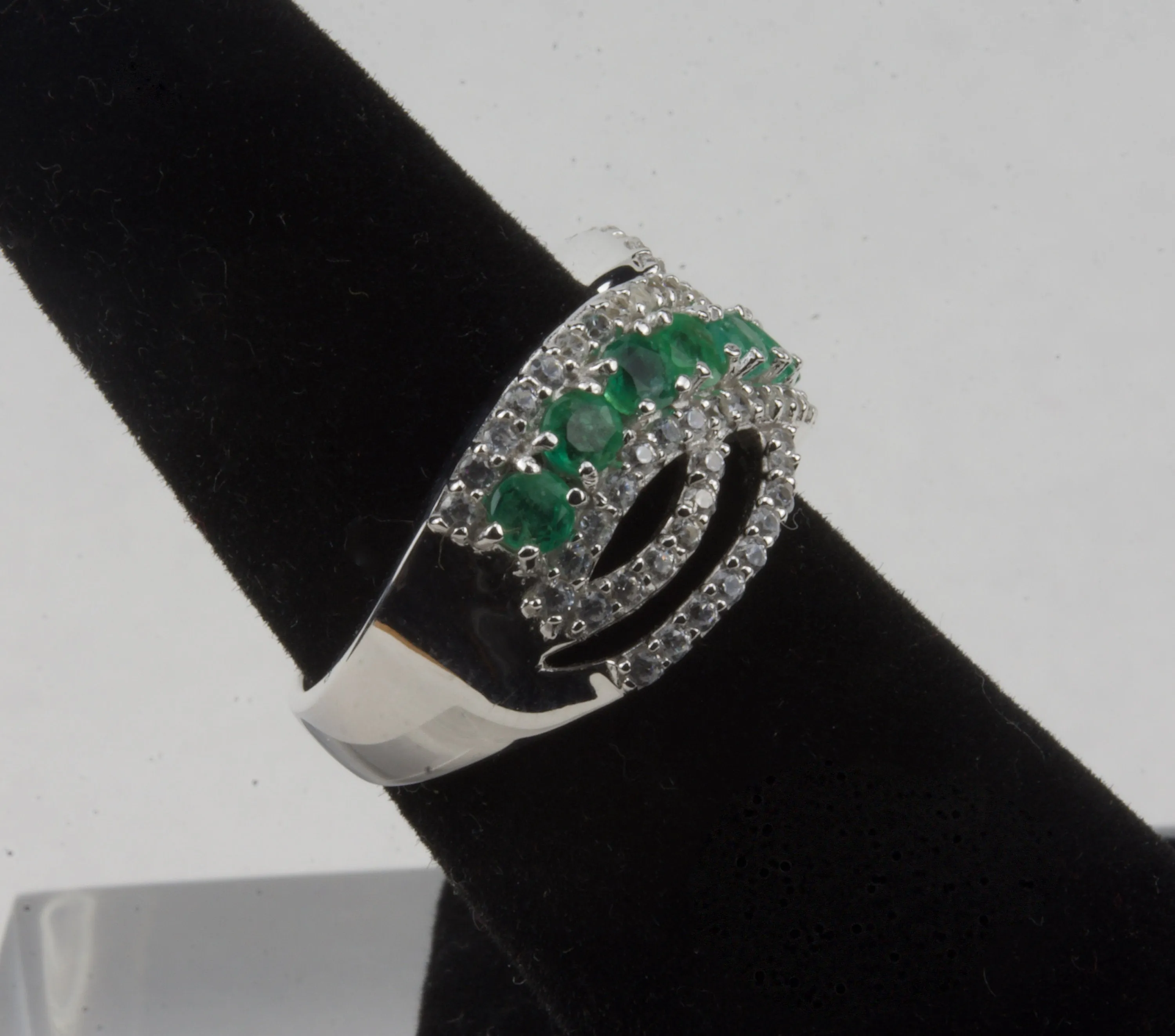 Zambian Emerald, Natural White Zircon Ring in Platinum Over Sterling - Size 6.25