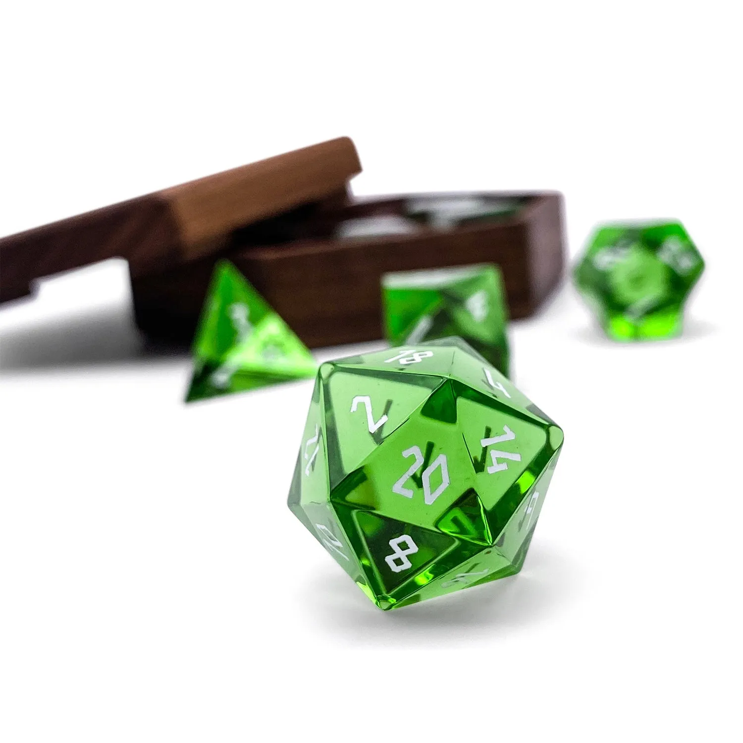 Zircon Emerald - White Font 7 Piece RPG Set Zircon Glass Dice